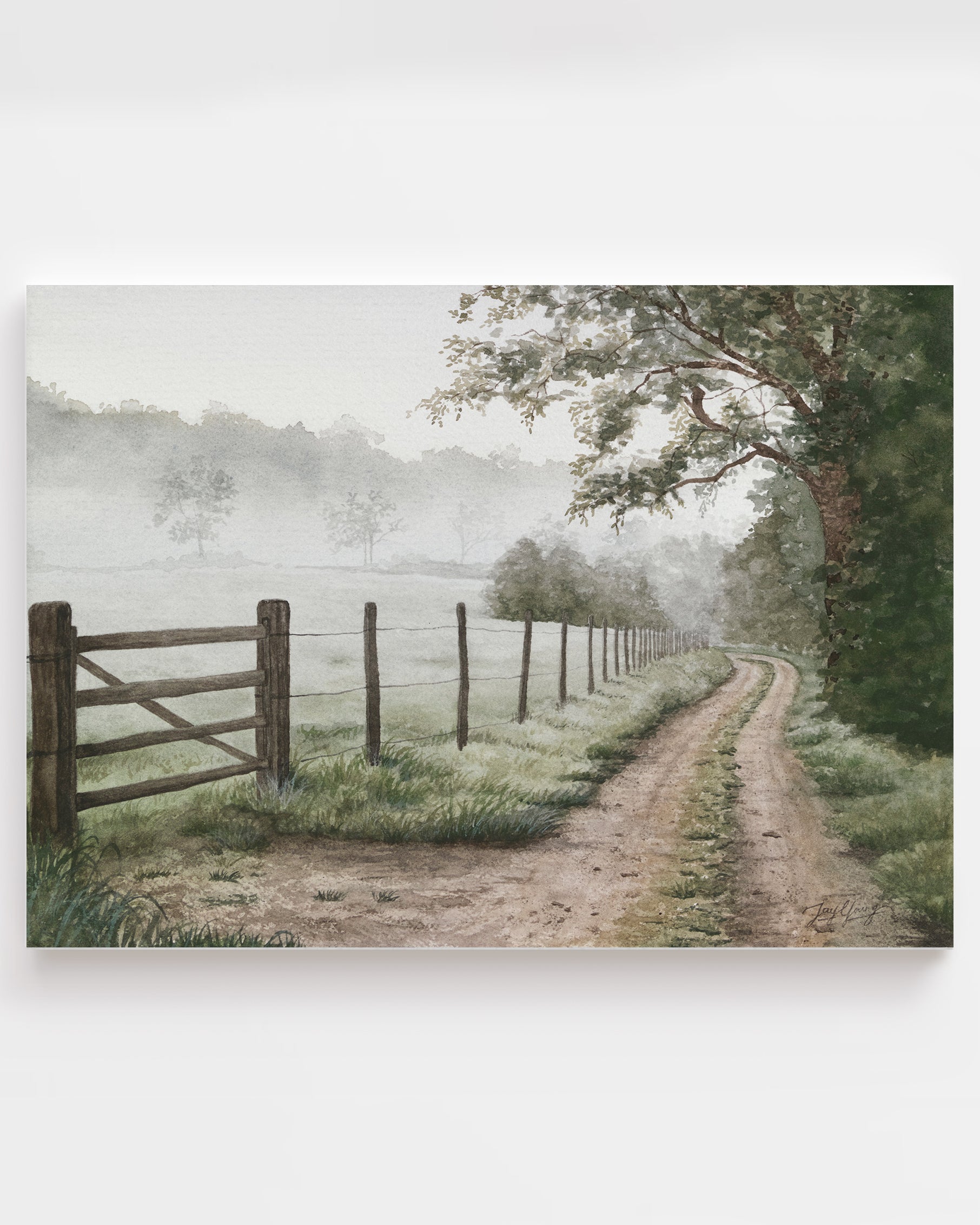 Painting of a rural landscape with a wooden gate and path leading into the distance. Australian countryside