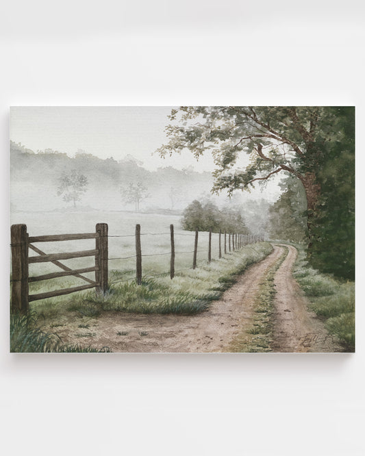 Painting of a rural landscape with a wooden gate and path leading into the distance. Australian countryside
